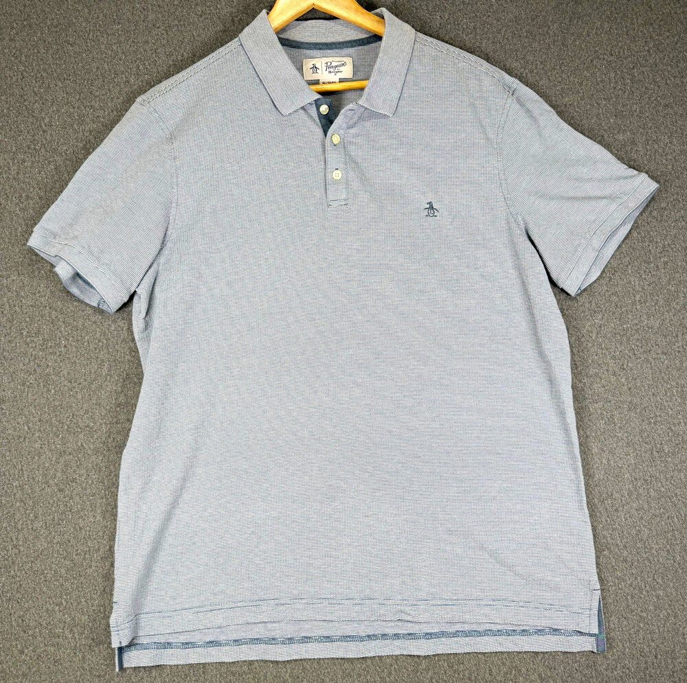 Original Penguin Mens XL Gray White Striped Polo Shirt Short Sleeve Chest Logo
